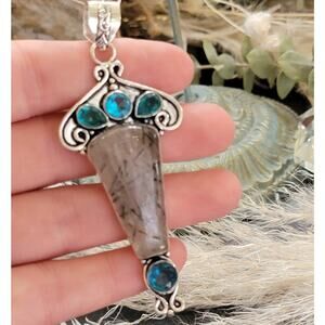 Tourmalinated Quartz & Blue Topaz Silver Pendant Necklace - Ethereal Elegance